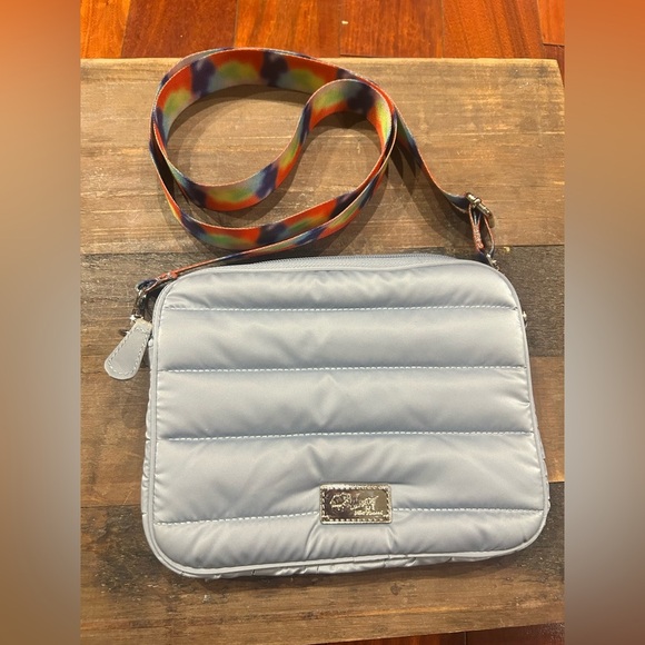 Betsey Johnson “LUV” light blue Crossbody Bag with Multicolor Strap - Picture 1 of 7